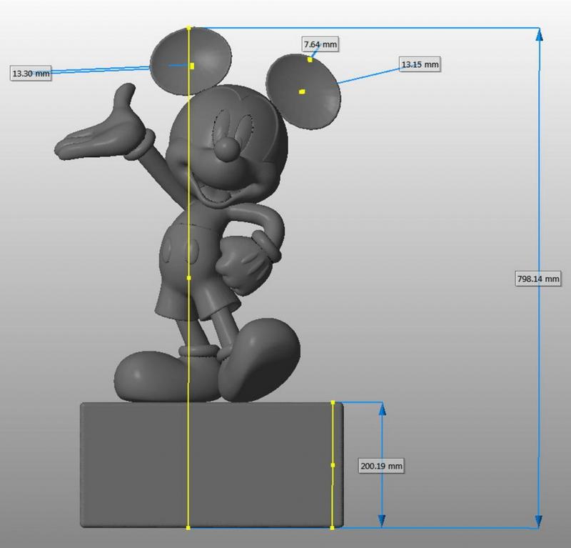 Postać kreskówkowa z uniesioną ręką, stojąca na prostokątnym postumencie, z naniesionymi wymiarami.