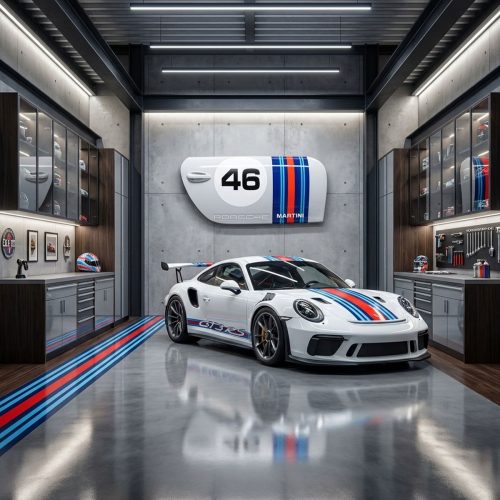 figura drzwi Porsche z numerem 46 z włókna szklanego w stylu Martini, biało-niebiesko-czerwony, dekoracja reklamowa w garażu