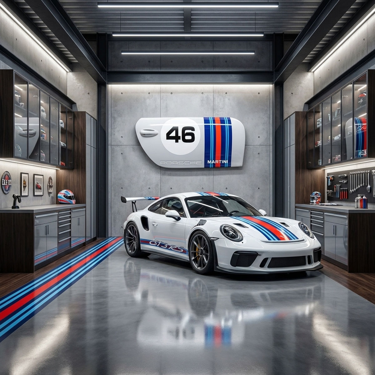 figura drzwi Porsche z numerem 46 z włókna szklanego w stylu Martini, biało-niebiesko-czerwony, dekoracja reklamowa w garażu
