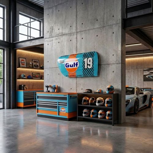 figura drzwi Porsche w stylu reklamowym z włókna szklanego w barwach Gulf niebiesko-pomarańczowa, numer 19, do dekoracji garażu