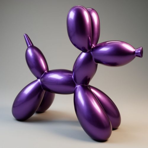 figura pies balonowy z włókna szklanego w metalicznym fioletowym kolorze, styl realistyczny, dekoracja/event