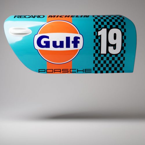figura drzwi samochodu z laminatu z logo Gulf, turkusowo-pomarańczowa, styl wyścigowy, numer 19, dekoracja reklamowa