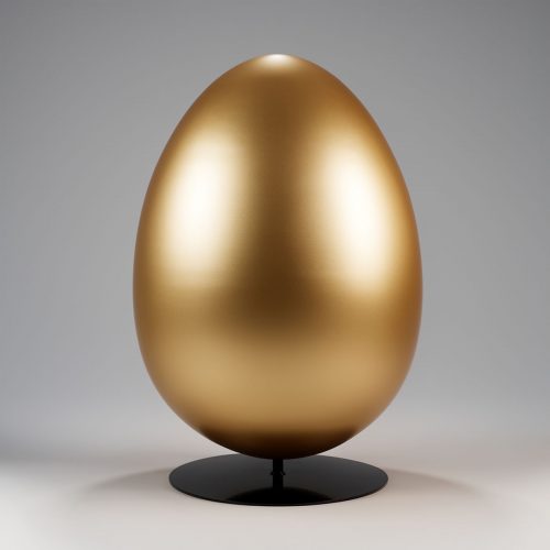 figura jajo ze złotą powłoką z laminatu w stylu minimalistycznym na czarnej podstawie, dekoracja reklamowa