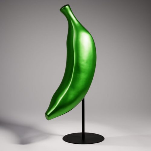 figura banana z włókna szklanego, zielona, gładka, nowoczesna rzeźba reklamowa na stojaku, dekoracja eventowa