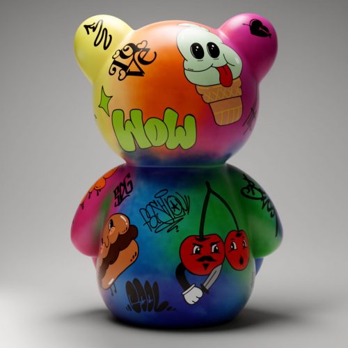 figura misia z włókna szklanego w stylu graffiti, kolorowa tęczowa powłoka z rysunkami lodów, wisienek i napisem WOW