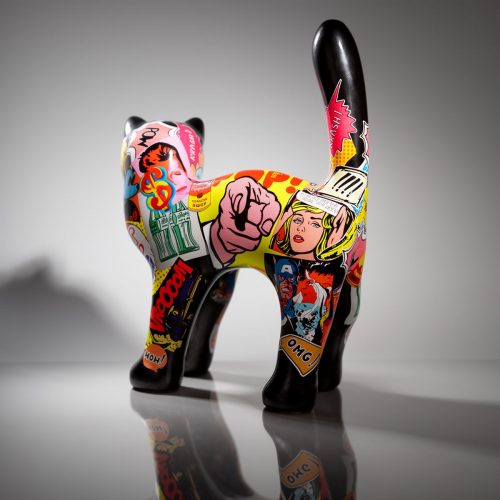 figura kota z włókna szklanego w stylu pop art, kolorowe komiksowe naklejki, dekoracja reklamowa/event