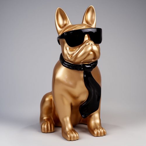 figura buldoga w złotym laminacie z czarnymi okularami i krawatem w stylu dekoracyjnym, do reklamy lub eventu