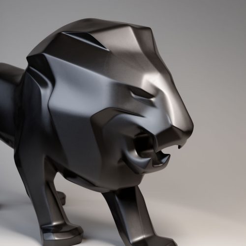 figura lwa z włókna szklanego w geometrycznym, matowo-czarnym stylu do dekoracji wydarzeń i galerii