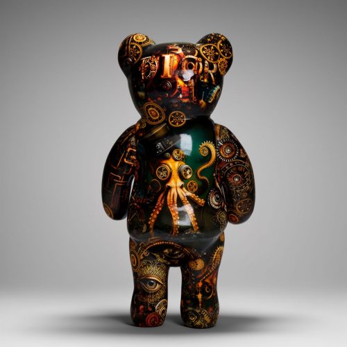 figura misia z włókna szklanego w stylu steampunk, czarno-złota z motywem ośmiornicy i trybików