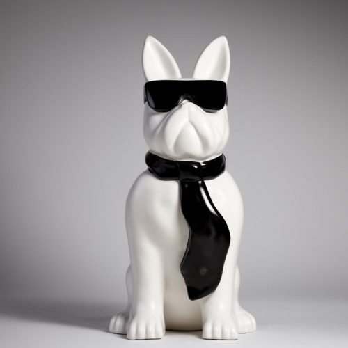 figura psa buldoga z włókna szklanego w stylu pop art, biało-czarna, z czarnymi okularami przeciwsłonecznymi i szalikiem, do dekoracji/eventów
