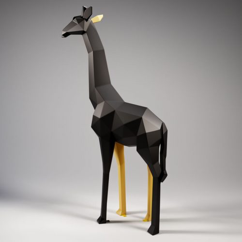 figura żyrafa z włókna szklanego w geometrycznym stylu, czarna z żółtymi nogami, dekoracja reklamowa na eventy i galerie