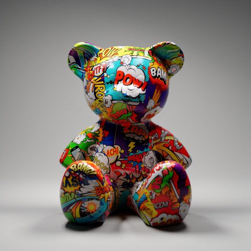 figura misia z laminatu w komiksowy, kolorowy wzór pop-art idealna jako dekoracja sklepu lub eventu