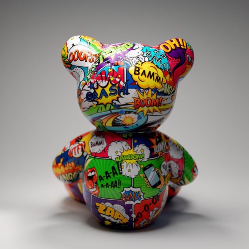 figura misia z włókna szklanego w stylu komiksowym, kolorowy nadruk pop-art z onomatopejami, dekoracja reklamowa/event