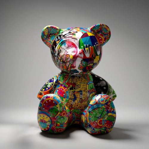 figura misia z laminatu w jaskrawych, wielobarwnych wzorach zegarów i kolaży, styl pop-art, dekoracja reklamowa/event