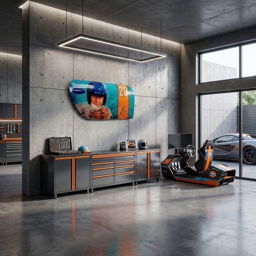 Figura kierowcy z włókna szklanego w stylu retro, niebiesko-pomarańczowa rzeźba reklama do garażu i eventów