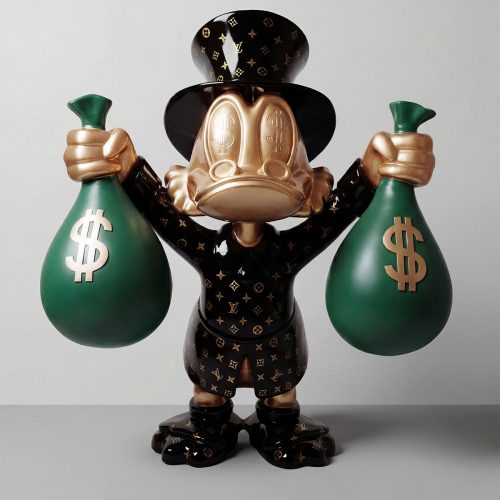 figura Kaczor Donald w stylu luksusowym z włókna szklanego, czarno-złota rzeźba z workami pieniędzy, pop-art, reklamowa