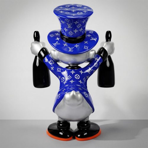 figura kaczka w cylindrze z włókna szklanego, niebieska z motywem marki, realistyczny styl, do dekoracji sklepu/event