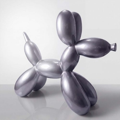 figura psa z balonów z włókna szklanego w srebrnym, lustrzanym, realistycznym stylu do dekoracji i reklamy