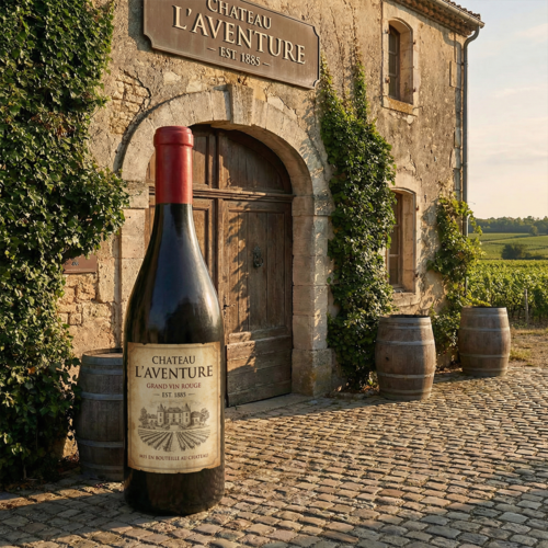 figura butelka wina z laminatu w realistycznym stylu, czarna z czerwoną zakrętką, dekoracja reklamowa przed chateau