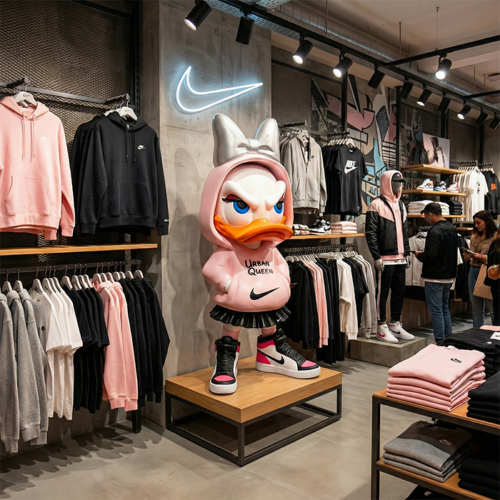 figura kaczka w różowym hoodie z napisem Urban Queen, laminat, styl artystyczny/realistyczny, dekoracja sklepu odzieżowego