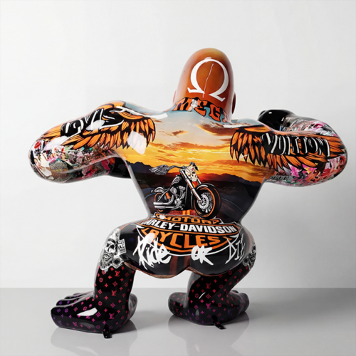 figura człowieka z laminatu w stylu graffiti z motywem Harley-Davidson, realistyczny motocykl, pomarańczowo-czarna kolorystyka