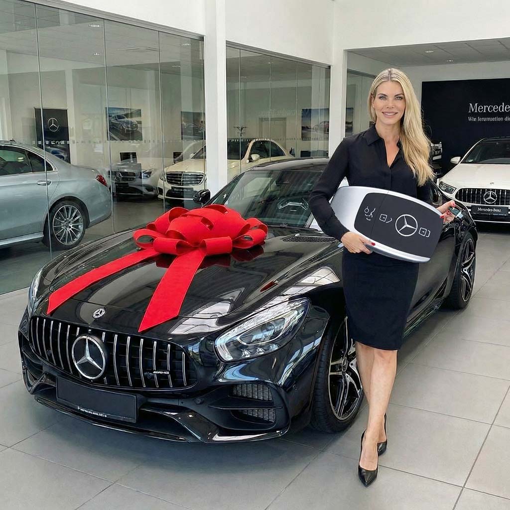figura klucza Mercedes w laminacie przedstawiająca pilot klucza, styl reklamowy, czarno-srebrna, do salonu lub eventu