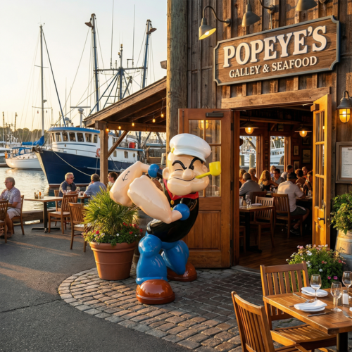 figura Popeye rzeźba żeglarza z włókna szklanego w realistycznym, kolorowym stylu przy restauracji nad mariną