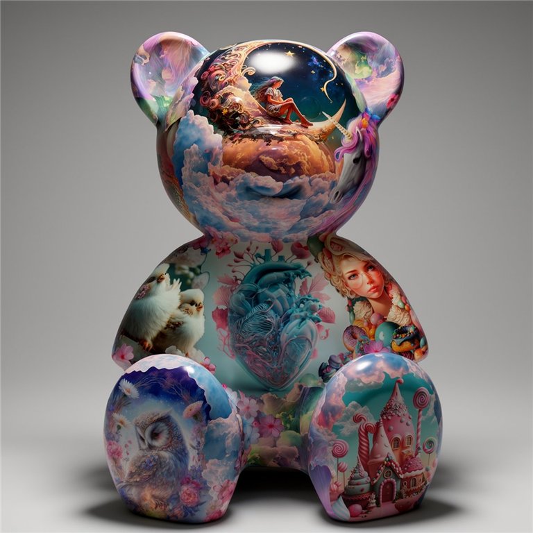 figura misia z laminatu w stylu fantasy z kolorowymi ilustracjami jednorożca, sowy, serca i zamku cukierkowego