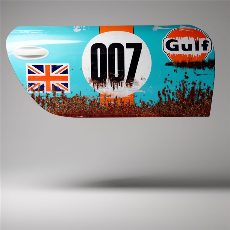 figura drzwi samochodowych z laminatu w stylu retro z numerem 007, turkusowo-pomarańczowa, logo Gulf i flaga UK