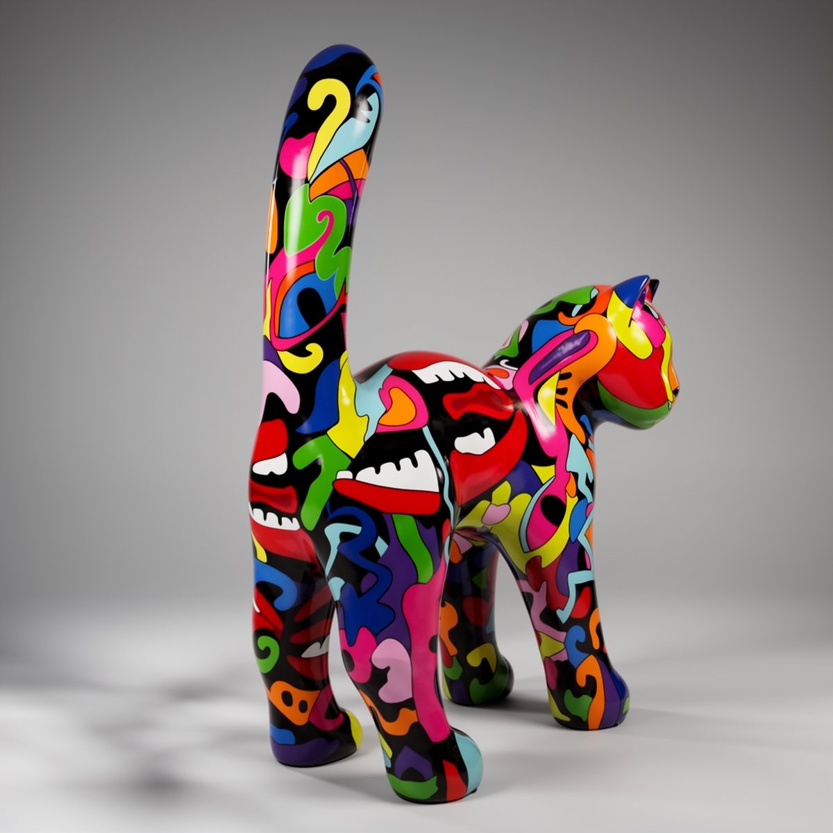 figura kota z włókna szklanego w stylu pop art, wielobarwna laminatowa rzeźba reklamowa do galerii i eventów