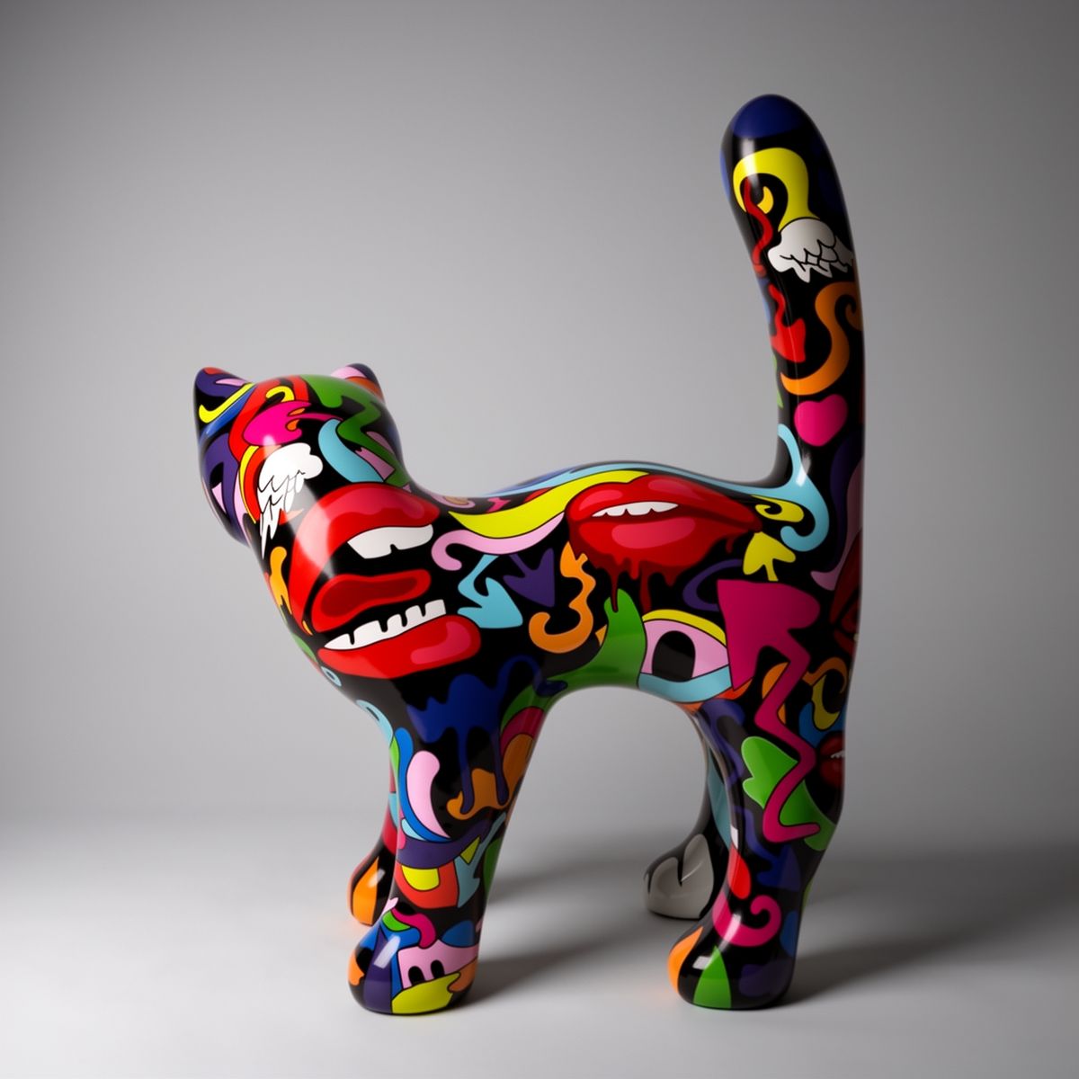 figura kota z włókna szklanego w stylu pop art, kolorowa lakierowana rzeźba reklamowa z motywami ust i serc