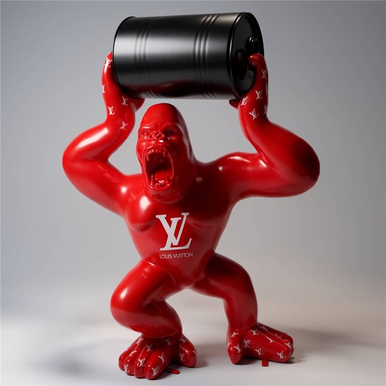 figura goryla z włókna szklanego w kolorze czerwonym z logo Louis Vuitton, styl artystyczny reklamowy, trzyma czarną beczkę