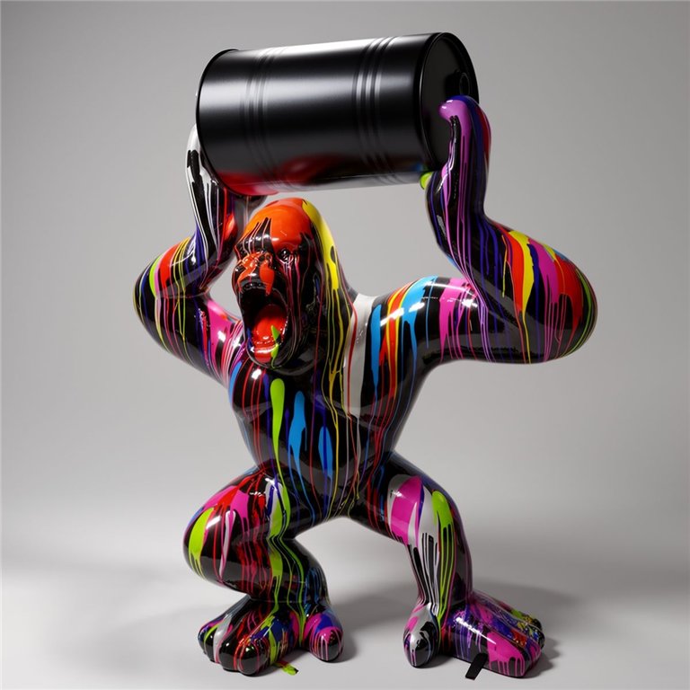 figura goryla z włókna szklanego w stylu pop art, kolorowe spływające pasy lakieru, trzyma czarną beczkę, dekoracja reklamowa