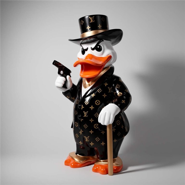 figura kaczka w kapeluszu rzeźba z laminatu w stylu luksusowym czarna z złotym monogramem, dekoracja reklamowa