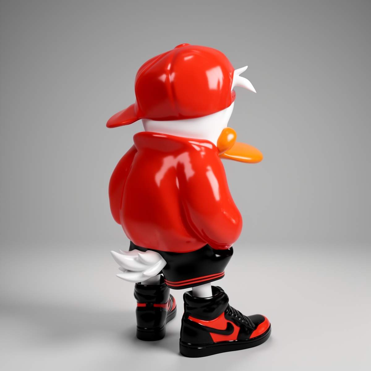 figura kaczka w czerwonej bluzie i czarno-czerwonych trampkach z włókna szklanego, styl streetwear, dekoracja reklamowa