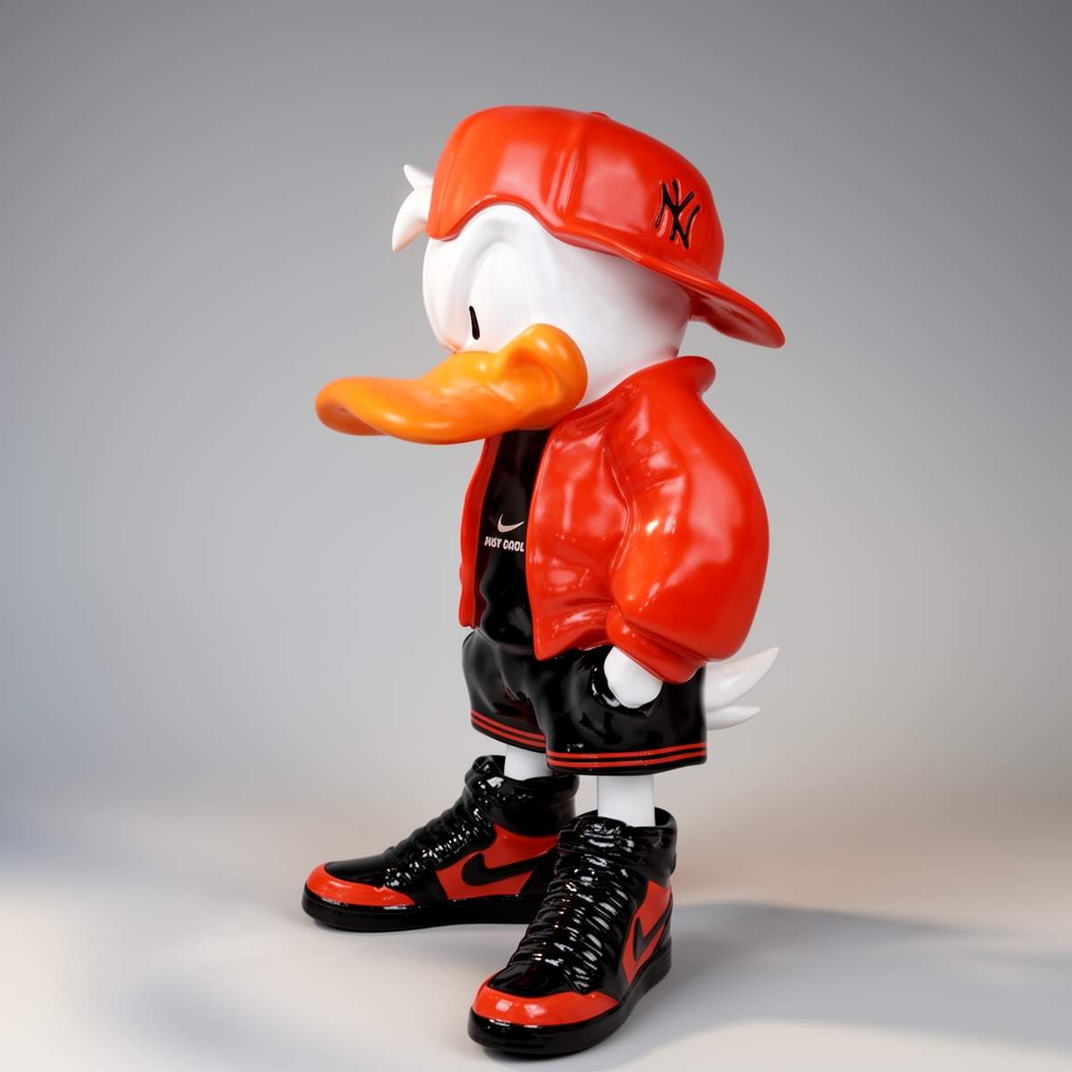 figura kaczki w stylu ulicznym z włókna szklanego, czerwona czapka i kurtka, czarne sneakersy, reklamowa dekoracja eventu