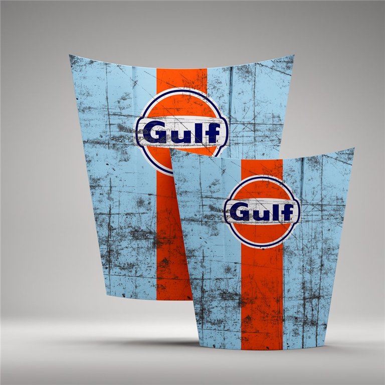 figura reklamowa z logo Gulf, laminat włókno szklane, niebiesko-pomarańczowy styl retro, dekoracja event/galeria