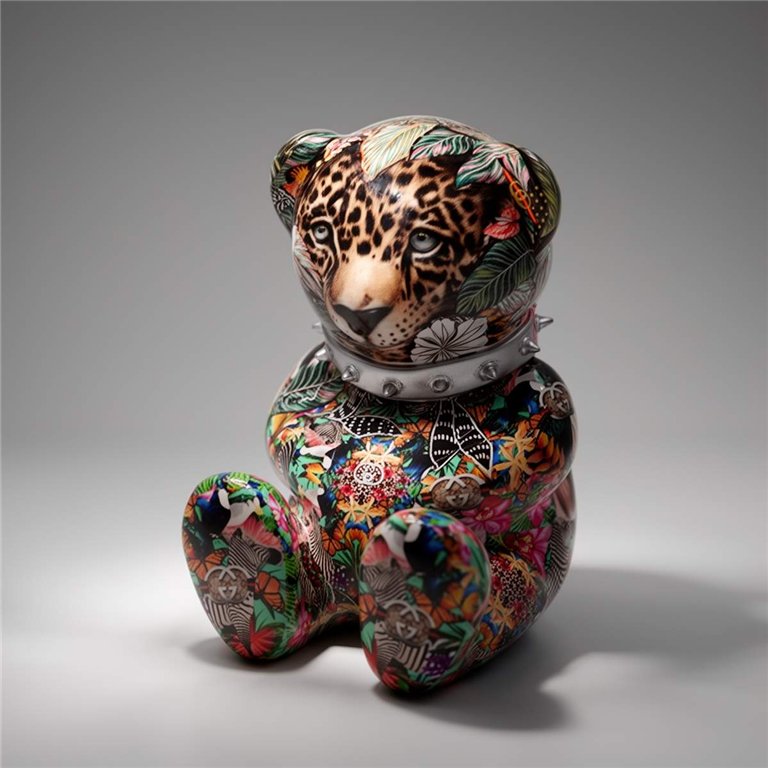 figura misia z głową lamparta z włókna szklanego, kolorowa dekoracyjna rzeźba w stylu pop art, do galerii i eventów
