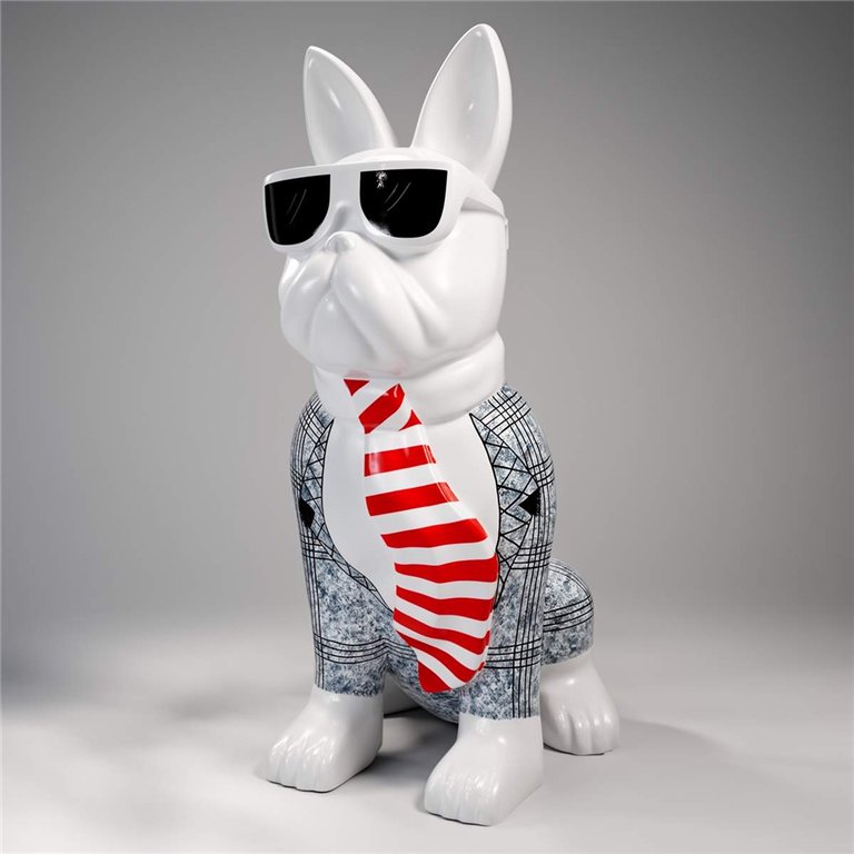 figura buldoga z włókna szklanego w białym połysku, geometryczny wzór szary, czerwono-biała krawatowa wstawka, styl pop art, do dekoracji sklepu