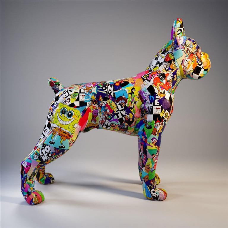 figura psa z włókna szklanego w stylu pop art, kolorowy kolaż postaci i grafik, dekoracja reklamowa/eventowa