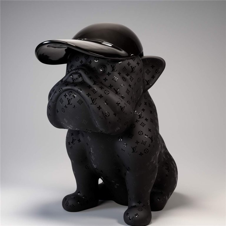 figura psa buldoga z włókna szklanego w czarnym lakierze z monogramem marki, styl designerski, dekoracja reklamowa