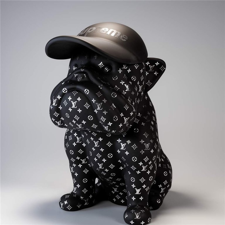 figura buldoga z włókna szklanego w czarnym laminacie z białym monogramem, realistyczny styl, reklamowa dekoracja do galerii/eventów