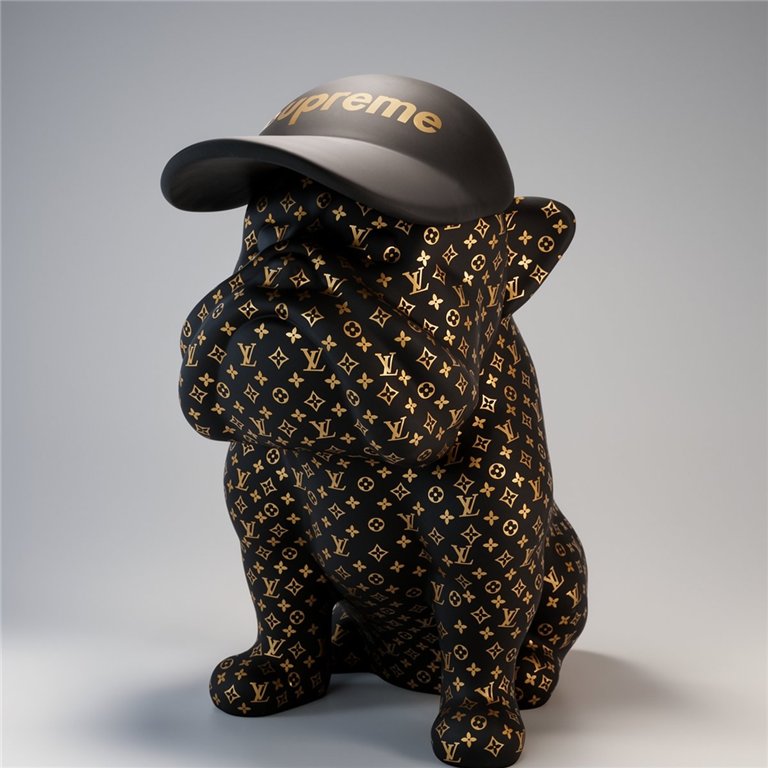 figura buldoga w laminacie z wzorem LV i złotymi motywami, realistyczny czarno-złoty design, ozdoba reklamowa z czapką Supreme