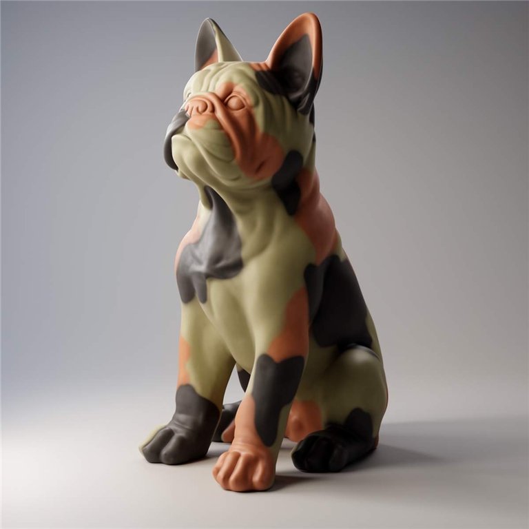 figura psa buldoga z włókna szklanego, stylizowana, camo z zielono-pomarańczowo-czarnymi plamami, do dekoracji i reklamy