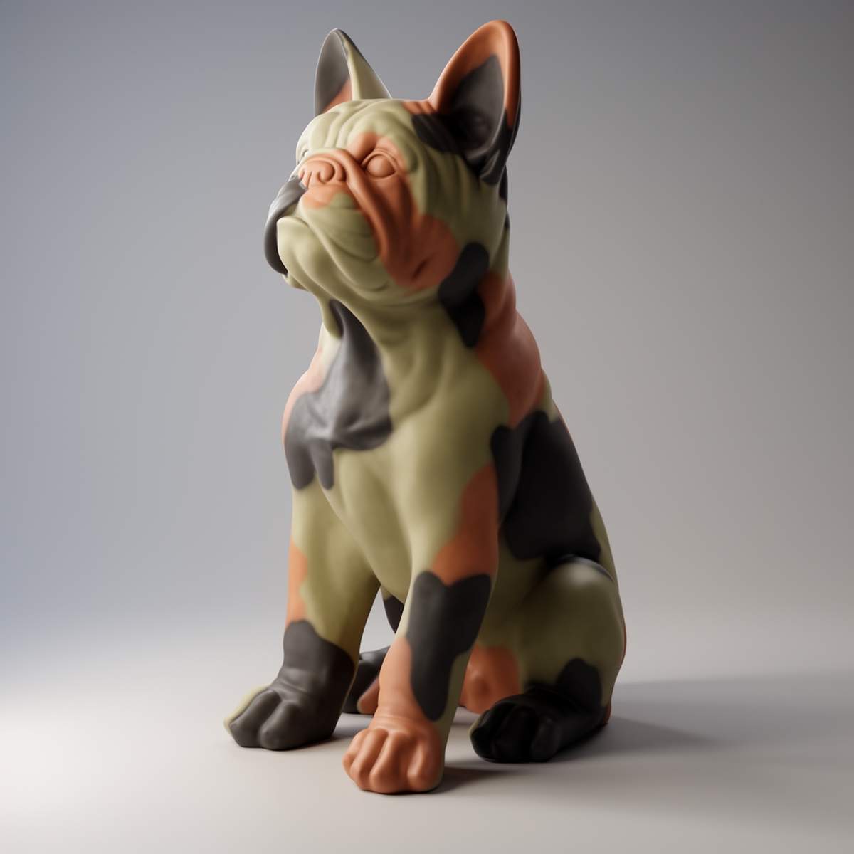 figura psa buldoga z włókna szklanego, stylizowana, camo z zielono-pomarańczowo-czarnymi plamami, do dekoracji i reklamy