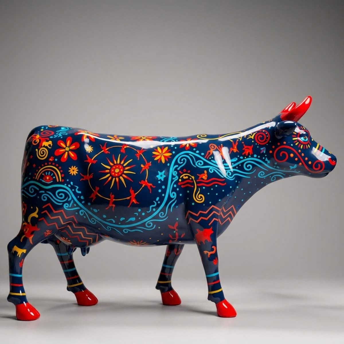 Artystyczna Figura Krowy Parada Krów - Ciemny Ornament Folk