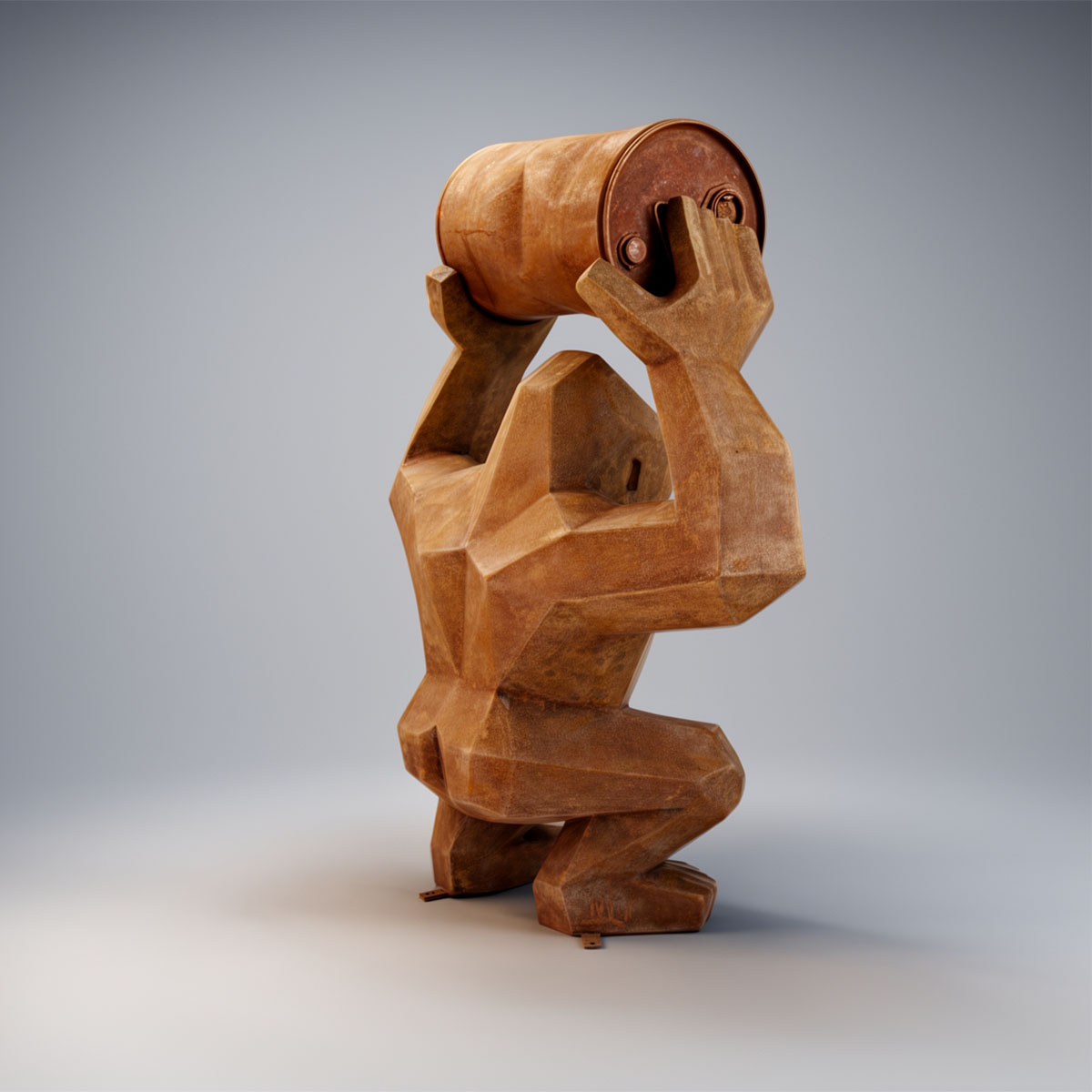 Figura Lowpoly Goryl Kwadratowy z Beczką Efekt Rdzy - obrazek 9