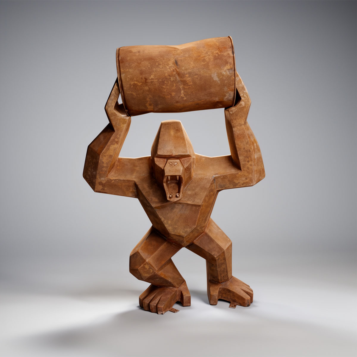 Figura Lowpoly Goryl Kwadratowy z Beczką Efekt Rdzy