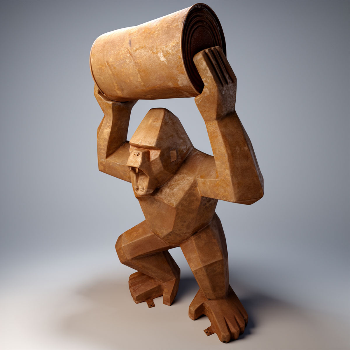 Figura Lowpoly Goryl Kwadratowy z Beczką Efekt Rdzy - obrazek 3
