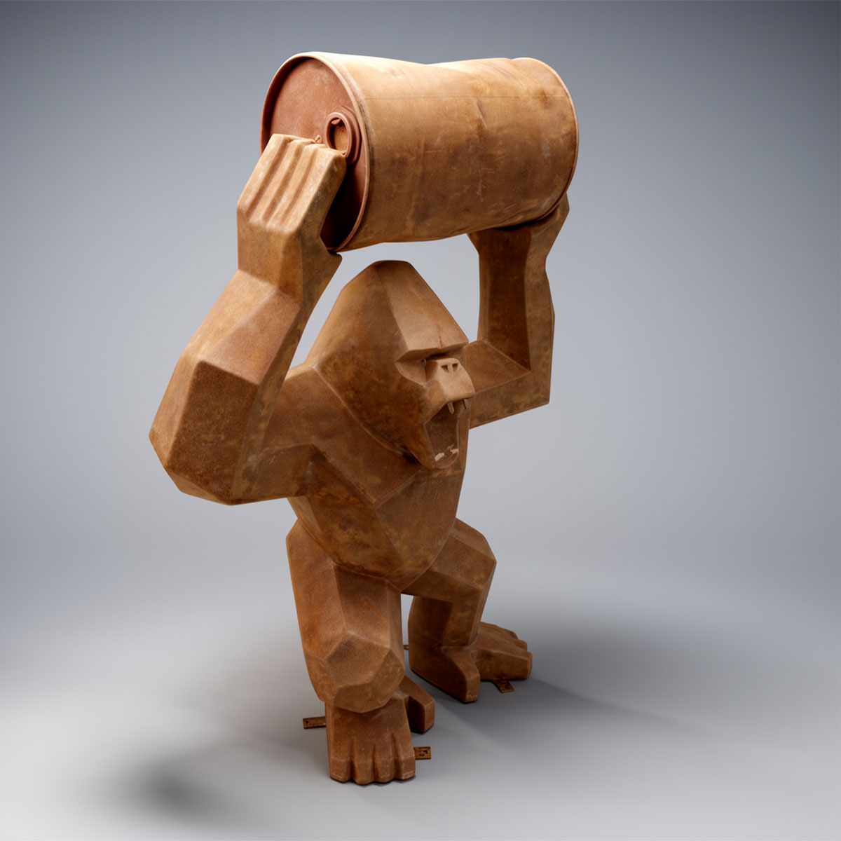 Figura Lowpoly Goryl Kwadratowy z Beczką Efekt Rdzy - obrazek 4